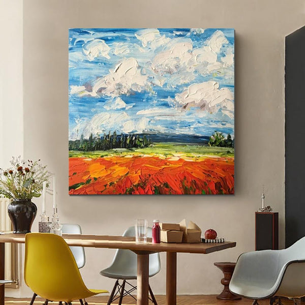 Red Poppy Field and Sky, Abstract Landscape Painting, Landscape Paintings for Living Room, Large Landscape Painting for Dining Room, Heavy Texture Painting-artworkcanvas