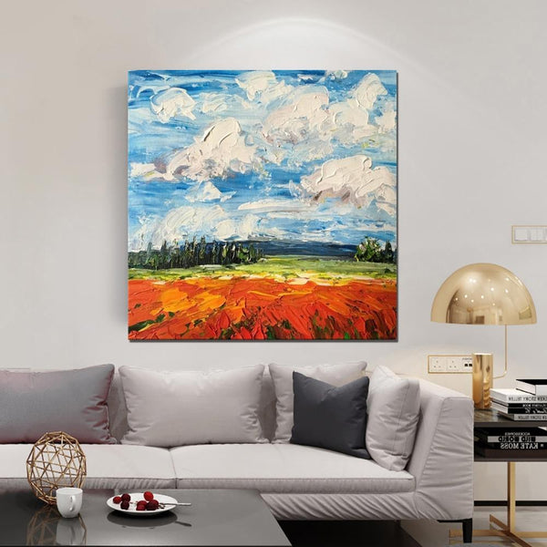 Red Poppy Field and Sky, Abstract Landscape Painting, Landscape Paintings for Living Room, Large Landscape Painting for Dining Room, Heavy Texture Painting-artworkcanvas