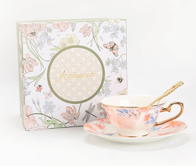 Flower Bone China Porcelain Tea Cup Set, Unique Tea Cup and Saucer in Gift Box,British Royal Ceramic Cups for Afternoon Tea, Elegant Ceramic Coffee Cups-artworkcanvas
