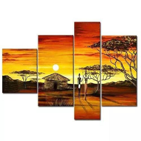 African Pinting, 4 Piece Canvas Art, Acrylic Painting for Sale, Large Landscape Painting, African Woman Village Sunset Painting-artworkcanvas