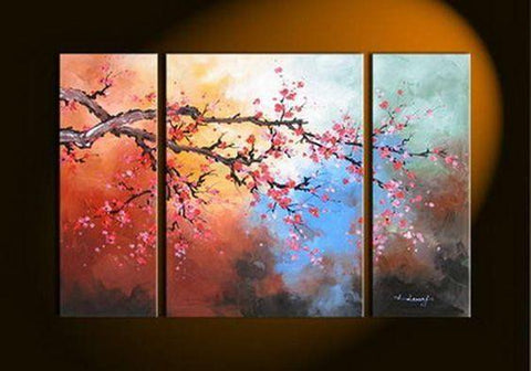 Plum Tree Flower Painting, Bedroom Wall Art Paintings, Living Room Wall Art Ideas, 3 Piece Canvas Art, Flower Acrylic Paintings-artworkcanvas