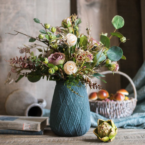 Eucalyptus leaves, Rose, Ranunculus Asiaticus Flowers, Beautiful Modern Flower Arrangement for Living Room, Ctreative Artificial Floral for Home Decoration-artworkcanvas