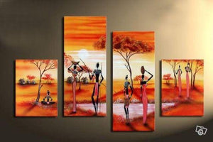 African Woman Painting, 4 Piece Canvas Art, Landscape Canvas Paintings, Hand Painted Canvas Art, Oil Painting for Sale-artworkcanvas