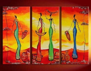 Abstract Painting, African Girl Acrylic Painting, Dining Room Wall Art, 3 Piece Art Painting-artworkcanvas