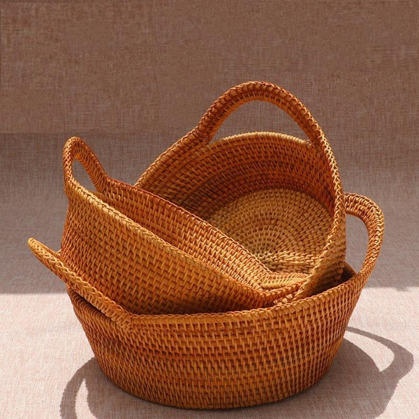 Woven Round Storage Basket, Storage Baskets for Kitchen, Rattan Storage Basket with Handle, Storage Basket for Dining Room, Set of 3-artworkcanvas