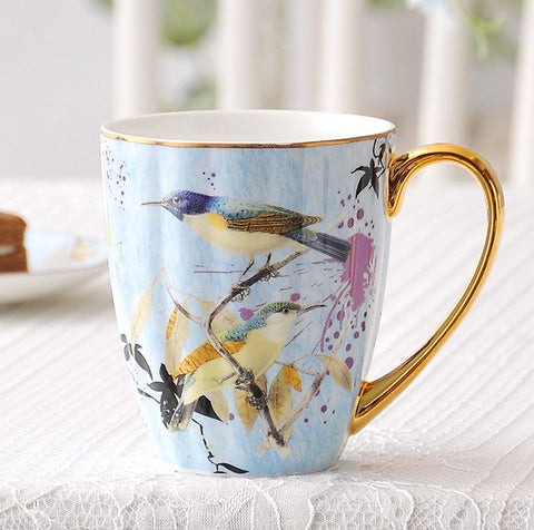 Large Creative Bone China Porcelain Mug, Elegant Blue Ceramic Coffee Mug, Beautiful Bird Flower Ceramic Mug, Large Capacity Ceramic Mugs for Office-artworkcanvas