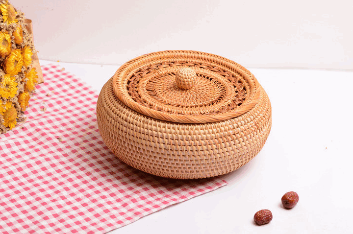 Woven Storage Basket with Lid, Rattan Round Storage Basket, Storage Basket for Kitchen, Picnic Storage Basket-artworkcanvas