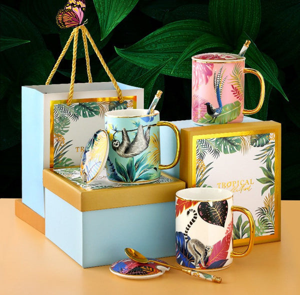 Peacock Porcelain Cups, Large Capacity Jungle Animal Porcelain Mugs, Unique Ceramic Mugs in Gift Box, Creative Ceramic Mugs for Office-artworkcanvas