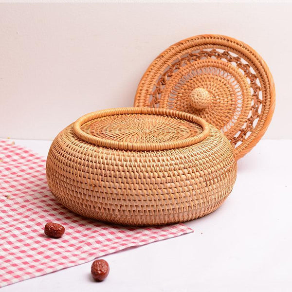 Woven Storage Basket with Lid, Rattan Round Storage Basket, Storage Basket for Kitchen, Picnic Storage Basket-artworkcanvas