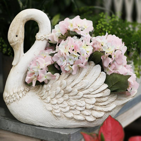 White Swan Flower Pot, Small Animal Statue for Garden Ornament, Swan Lovers Statues, Villa Courtyard Decor, Outdoor Decoration Ideas, Garden Ideas-artworkcanvas