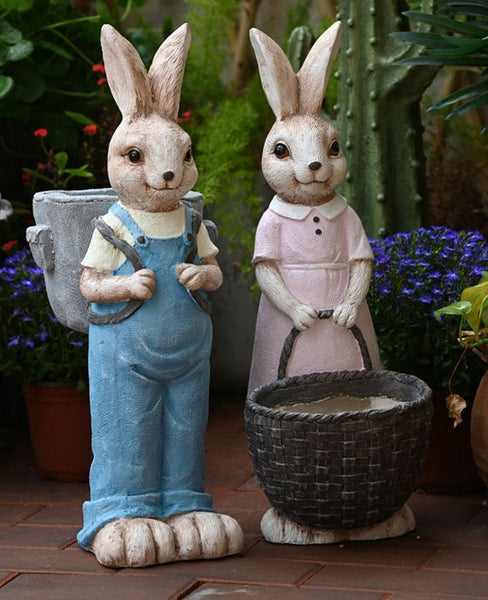 Large Rabbit Lovers Statue for Garden, Bunny Flowerpot, Garden Courtyard Ornament, Villa Outdoor Decor Gardening Ideas, Modern Garden Sculptures-artworkcanvas