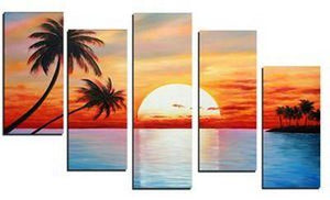 5 Piece Canvas Painting, Beach Palm Tree Sunset Painting, Landscape Canvas Painting, Acrylic Painting for Living Room-artworkcanvas