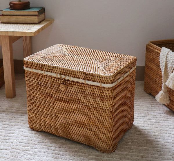 Large Rectangular Storage Basket with Lid, Rattan Storage Case, Storage Baskets for Bedroom, Rectangular Woven Storage Baskets for Clothes-artworkcanvas