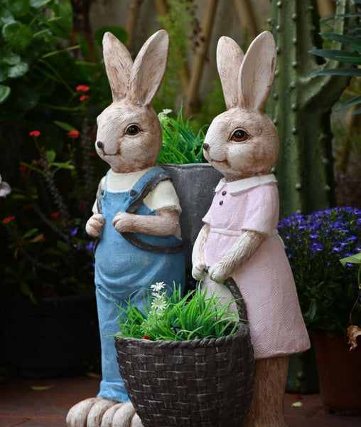 Large Rabbit Lovers Statue for Garden, Bunny Flowerpot, Garden Courtyard Ornament, Villa Outdoor Decor Gardening Ideas, Modern Garden Sculptures-artworkcanvas