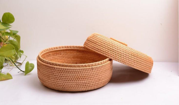 Woven Storage Basket with Lid, Lovely Rattan Basket for Kitchen, Storage Basket for Dining Room, Woven Round Baskets-artworkcanvas