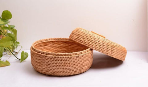 Woven Storage Basket with Lid, Lovely Rattan Basket for Kitchen, Storage Basket for Dining Room, Woven Round Baskets-artworkcanvas