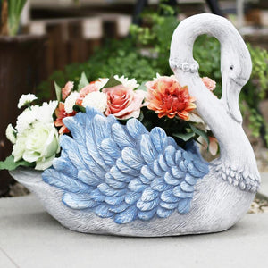 Outdoor Decoration Ideas, Garden Ideas, Blue Wing Swan Flower Pot, Animal Statue for Garden Ornament, Swan Lovers Statues, Villa Courtyard Decor-artworkcanvas