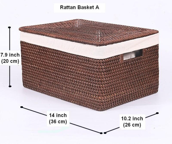 Storage Baskets for Clothes, Large Brown Rattan Storage Baskets, Storage Baskets for Bathroom, Rectangular Storage Baskets, Storage Basket with Lid-artworkcanvas