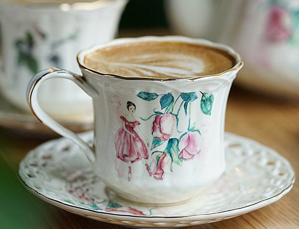 Elegant British Tea Cups, Beautiful Bone China Porcelain Tea Cup Set, Traditional English Tea Cups and Saucers, Unique Ceramic Coffee Cups-artworkcanvas