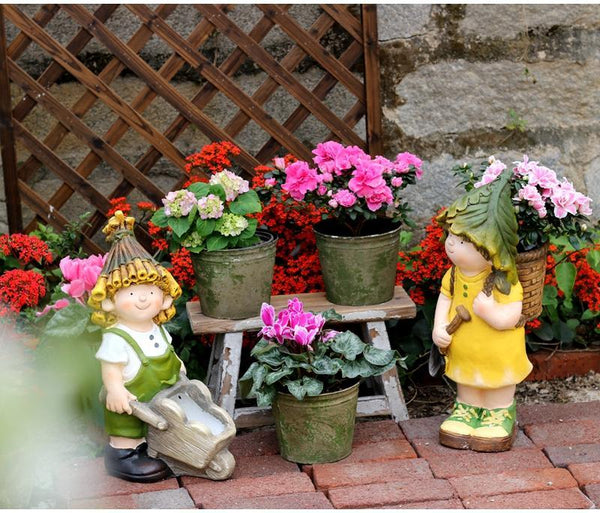 Large Boy Cart and Girl Carry Basket Statues, Flower Pot, Garden Courtyard Ornament, Gardening Ideas, House Warming Gift-artworkcanvas