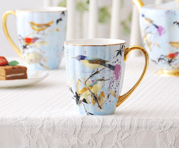 Large Creative Bone China Porcelain Mug, Elegant Blue Ceramic Coffee Mug, Beautiful Bird Flower Ceramic Mug, Large Capacity Ceramic Mugs for Office-artworkcanvas