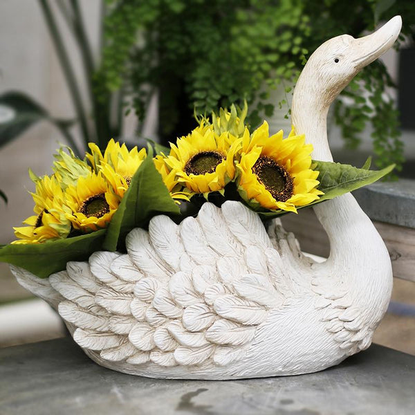White Swan Flower Pot, Small Animal Statue for Garden Ornament, Swan Lovers Statues, Villa Courtyard Decor, Outdoor Decoration Ideas, Garden Ideas-artworkcanvas