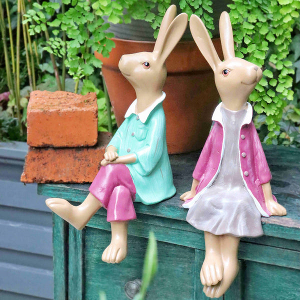 Sitting Rabbit Lovers Statue for Garden, Beautiful Garden Courtyard Ornaments, Villa Outdoor Decor Gardening Ideas, Unique Modern Garden Sculptures-artworkcanvas
