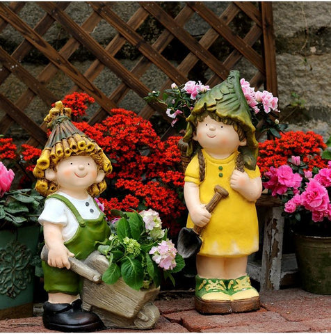 Large Boy Cart and Girl Carry Basket Statues, Flower Pot, Garden Courtyard Ornament, Gardening Ideas, House Warming Gift-artworkcanvas