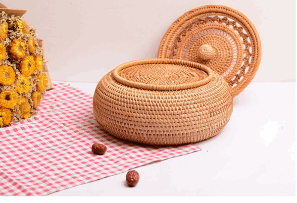 Woven Storage Basket with Lid, Rattan Round Storage Basket, Storage Basket for Kitchen, Picnic Storage Basket-artworkcanvas