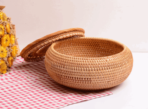 Woven Storage Basket with Lid, Rattan Round Storage Basket, Storage Basket for Kitchen, Picnic Storage Basket-artworkcanvas