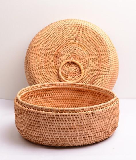 Woven Storage Basket with Lid, Lovely Rattan Basket for Kitchen, Storage Basket for Dining Room, Woven Round Baskets-artworkcanvas