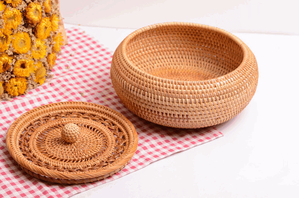 Woven Storage Basket with Lid, Rattan Round Storage Basket, Storage Basket for Kitchen, Picnic Storage Basket-artworkcanvas