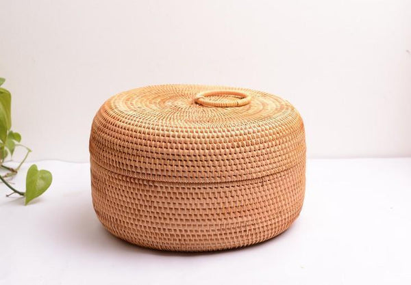 Woven Storage Basket with Lid, Lovely Rattan Basket for Kitchen, Storage Basket for Dining Room, Woven Round Baskets-artworkcanvas