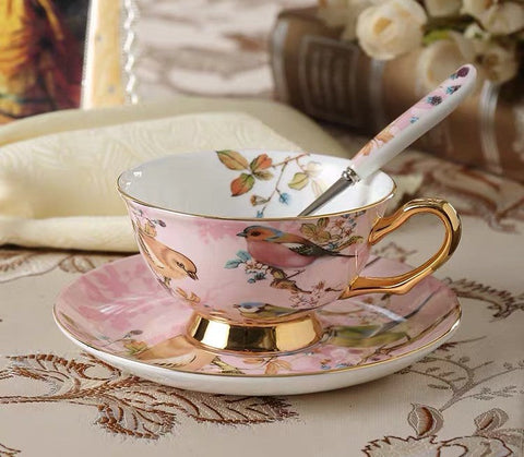 Elegant Ceramic Coffee Cups, Beautiful British Tea Cups, Bird Bone China Porcelain Tea Cup Set, Tea Cups and Saucers in Gift Box as Birthday Gift-artworkcanvas