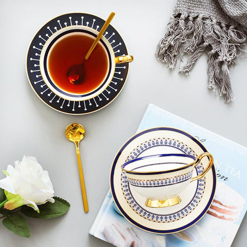 British Tea Cups, Porcelain Coffee Cups, Latte Coffee Cups, Tea Cups and Saucers, Coffee Cups with Gold Trim and Gift Box-artworkcanvas