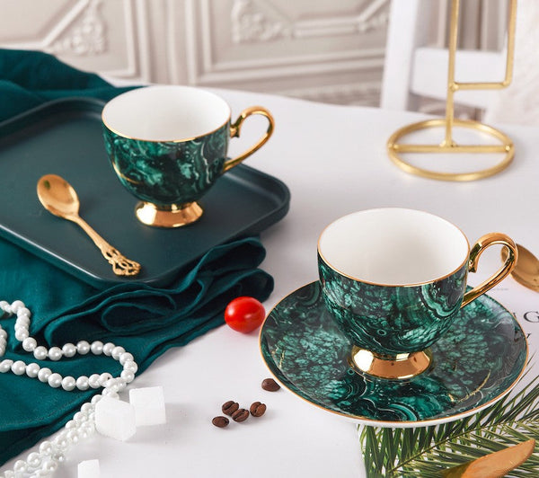 Beautiful British Green Tea Cups, Unique Porcelain Cup and Saucer, Royal Ceramic Coffee Cups, Creative Bone China Porcelain Tea Cup Set-artworkcanvas