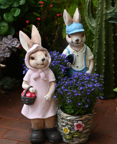 Garden Courtyard Ornament, Villa Outdoor Decor Gardening Ideas, Large Rabbit Lovers Statue for Garden, Bunny Flowerpot, Modern Garden Sculptures-artworkcanvas