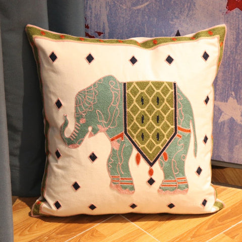 Elephant Embroider Cotton Pillow Covers, Farmhouse Decorative Sofa Pillows, Cotton Decorative Pillows, Decorative Throw Pillows for Couch-artworkcanvas