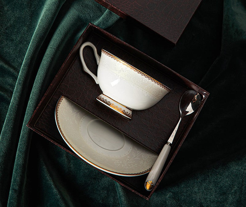 Elegant British Ceramic Coffee Cups, Bone China Porcelain Coffee Cup Set, White Ceramic Cups, Unique Tea Cup and Saucer in Gift Box-artworkcanvas