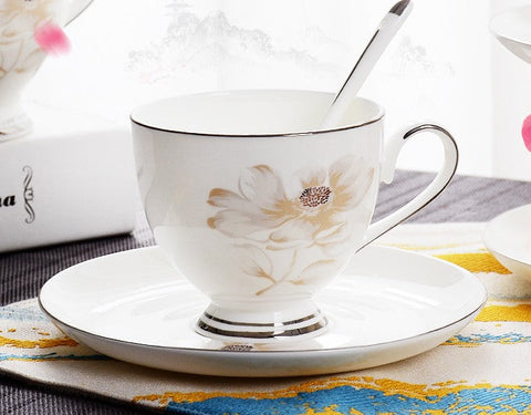 Elegant Flower Pattern Ceramic Coffee Cups, Beautiful British Tea Cups, Unique Porcelain Cup and Saucer, Creative Bone China Porcelain Tea Cup Set-artworkcanvas