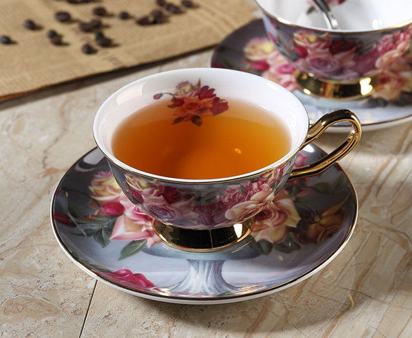 Ceramic Tea Cups and Saucers in Gift Box, Rose Flower Royal Bone China Porcelain Tea Cup Set, Elegant Ceramic Coffee Cups, Beautiful British Tea Cups-artworkcanvas