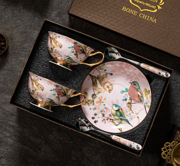 Unique Tea Cup and Saucer in Gift Box, Lovely Birds Ceramic Cups, Elegant Ceramic Coffee Cups, Afternoon Bone China Porcelain Tea Cup Set-artworkcanvas