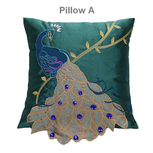 Decorative Sofa Pillows, Decorative Pillows for Couch, Beautiful Decorative Throw Pillows, Green Embroider Peacock Cotton and linen Pillow Cover-artworkcanvas
