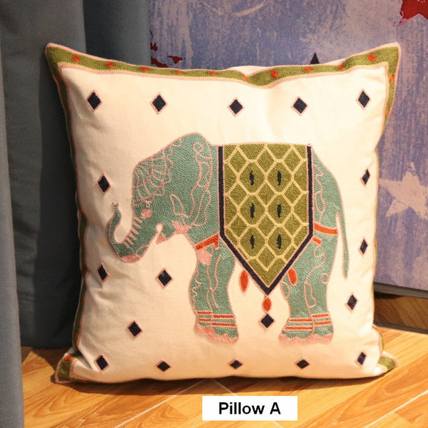 Elephant Embroider Cotton Pillow Covers, Farmhouse Decorative Sofa Pillows, Cotton Decorative Pillows, Decorative Throw Pillows for Couch-artworkcanvas