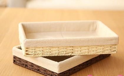 Woven Straw Storage Basket with Linen Lining, Storage Basket for Food, Rectangle Storage Basket for Kitchen-artworkcanvas