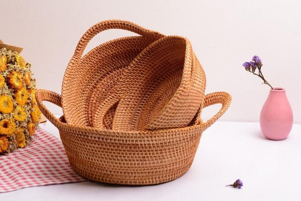 Woven Round Storage Basket, Storage Baskets for Kitchen, Rattan Storage Basket with Handle, Storage Basket for Dining Room, Set of 3-artworkcanvas