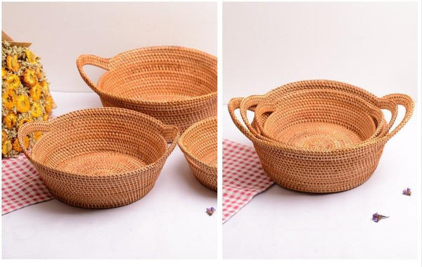 Woven Round Storage Basket, Storage Baskets for Kitchen, Rattan Storage Basket with Handle, Storage Basket for Dining Room, Set of 3-artworkcanvas