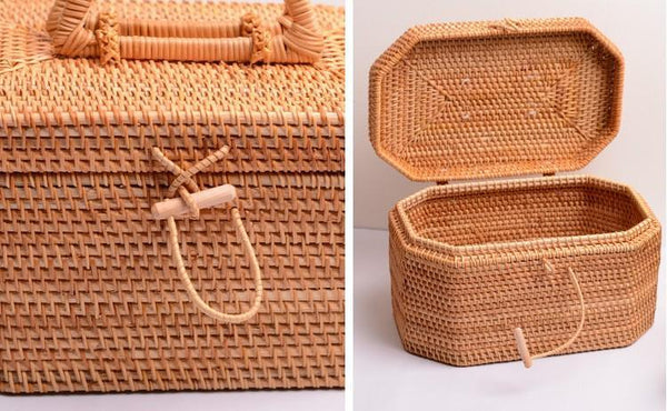 Rattan Wicker Serving Basket, Storage Baskets for Picnic, Kitchen Storage Baskets, Woven Storage Baskets with Lid-artworkcanvas