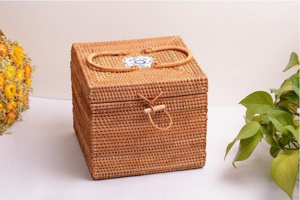 Rattan Wicker Serving Basket, Storage Baskets for Picnic, Kitchen Storage Baskets, Woven Storage Baskets with Lid-artworkcanvas