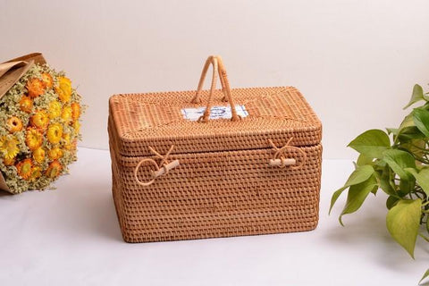 Rattan Wicker Serving Basket, Storage Baskets for Picnic, Kitchen Storage Baskets, Woven Storage Baskets with Lid-artworkcanvas